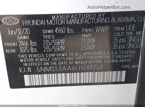 5NMS53AA6LH248258 2020 HYUNDAI SANTA FE White Vista del compartimento del motor