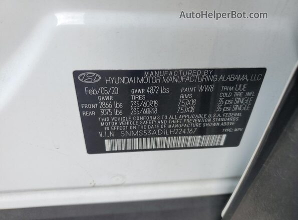 5NMS53AD1LH224167 2020 HYUNDAI SANTA White VIN կոդի պիտակի տեսք