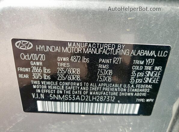 5NMS53AD2LH287312 2020 HYUNDAI SANTA Silver VIN კოდის სტიკერის ხედი
