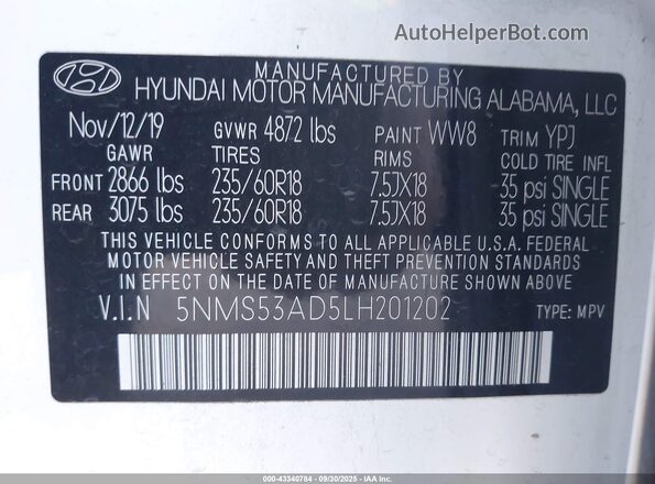 5NMS53AD5LH201202 2020 HYUNDAI SANTA FE White Widok komory silnika