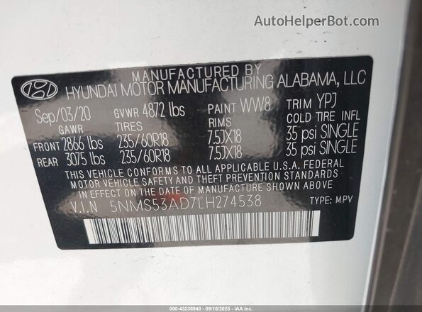 5NMS53AD7LH274538 2020 HYUNDAI SANTA FE White Շարժիչի բաժամունքի տեսք
