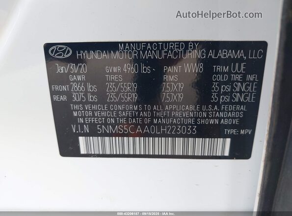 5NMS5CAA0LH223033 2020 HYUNDAI SANTA FE White Widok komory silnika