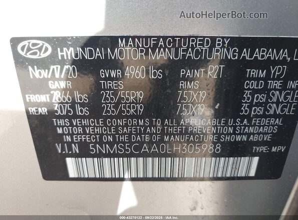 5NMS5CAA0LH305988 2020 HYUNDAI SANTA FE Gray Widok komory silnika
