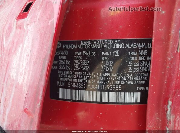 5NMS5CAA4LH292985 2020 HYUNDAI SANTA FE Red Vista del compartimento del motor