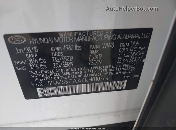 5NMS5CAA6KH010764 2019 HYUNDAI SANTA FE White Вид підкапотного простору