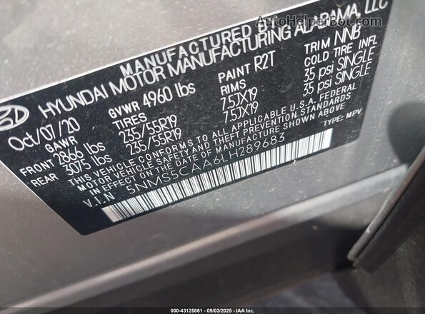 5NMS5CAA6LH289683 2020 HYUNDAI SANTA FE Silver Widok komory silnika