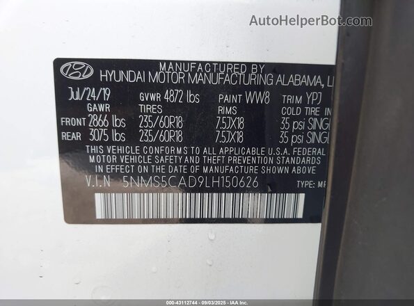 5NMS5CAD9LH150626 2020 HYUNDAI SANTA FE White Widok komory silnika