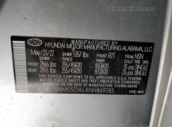 5NMS5DAL4NH469285 2022 HYUNDAI SANTA FE CALLIGRAPHY Silver VIN sticker view