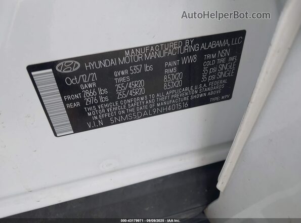 5NMS5DAL9NH401516 2022 HYUNDAI SANTA FE CALLIGRAPHY White Շարժիչի բաժամունքի տեսք