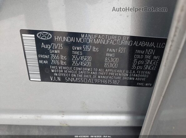 5NMS5DAL9PH615182 2023 HYUNDAI SANTA FE CALLIGRAPHY Silver Vista del compartimento del motor