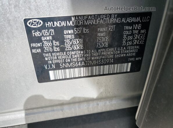 5NMS64AJ2MH330914 2021 HYUNDAI SANTA Silver 
