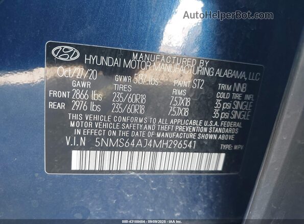 5NMS64AJ4MH296541 2021 HYUNDAI SANTA FE Синий Вид подкапотного пространства