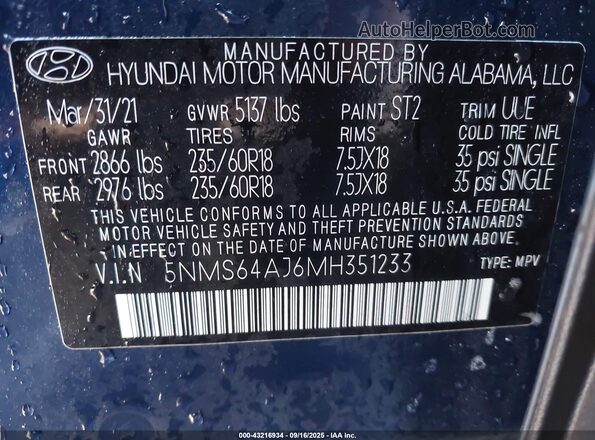 5NMS64AJ6MH351233 2021 HYUNDAI SANTA FE Dark Blue Engine compartment view