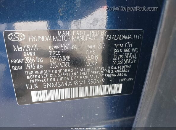 5NMS64AJ8MH350679 2021 HYUNDAI SANTA FE Blue Vista del compartimento del motor
