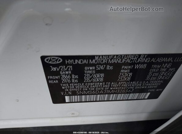 5NMS6DAJ1MH326367 2021 HYUNDAI SANTA FE Белый Вид подкапотного пространства