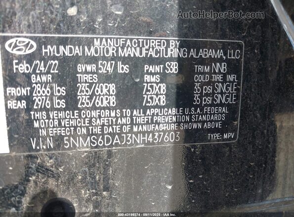 5NMS6DAJ3NH437603 2022 HYUNDAI SANTA FE Black 