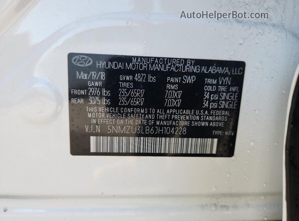 5NMZU3LB6JH104228 2018 HYUNDAI SANTA White 