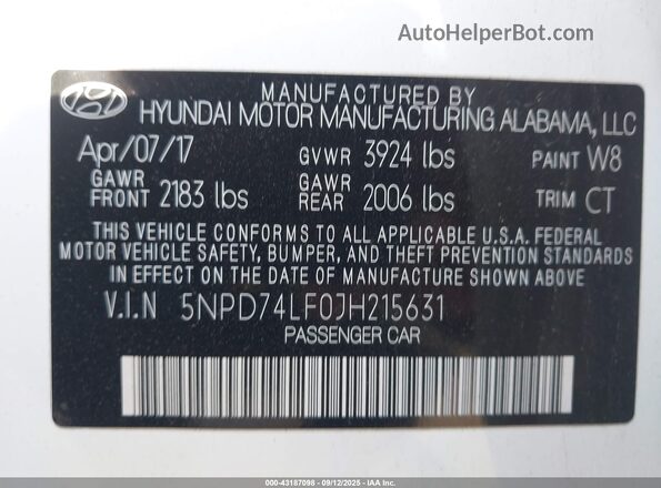 5NPD74LF0JH215631 2018 HYUNDAI ELANTRA White Շարժիչի բաժամունքի տեսք