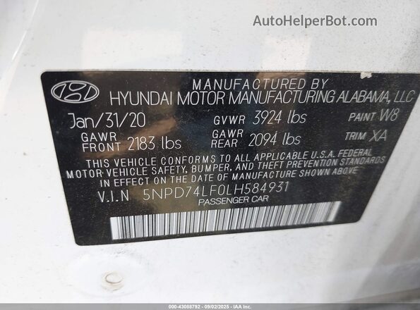 5NPD74LF0LH584931 2020 HYUNDAI ELANTRA White Widok komory silnika