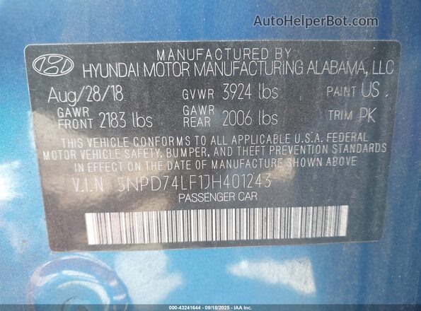 5NPD74LF1JH401243 2018 HYUNDAI ELANTRA Blue Widok komory silnika