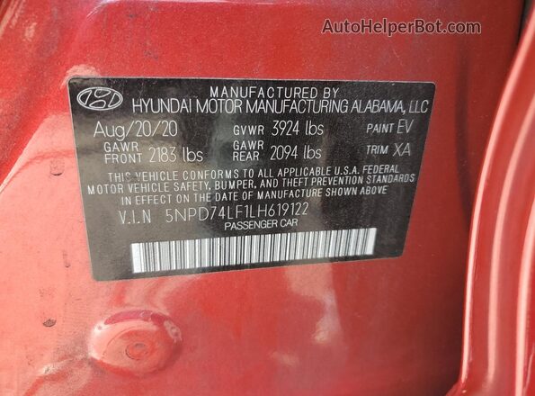 5NPD74LF1LH619122 2020 HYUNDAI ELANTRA Red Вид підкапотного простору