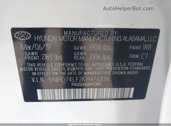 5NPD74LF2KH476826 2019 HYUNDAI ELANTRA White Vista del compartimento del motor