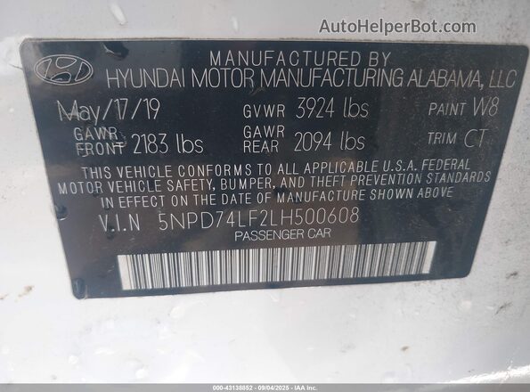 5NPD74LF2LH500608 2020 HYUNDAI ELANTRA White ძრავის განყოფილების ხედი
