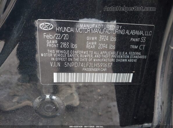 5NPD74LF2LH591637 2020 HYUNDAI ELANTRA Black Vista del compartimento del motor
