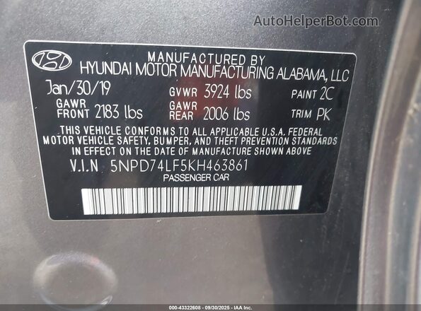 5NPD74LF5KH463861 2019 HYUNDAI ELANTRA Gray Շարժիչի բաժամունքի տեսք