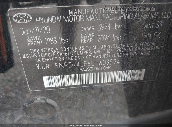 5NPD74LF6LH603594 2020 HYUNDAI ELANTRA Black Widok komory silnika