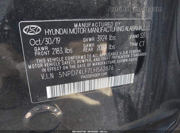 5NPD74LF7LH562876 2020 HYUNDAI ELANTRA Black Widok komory silnika