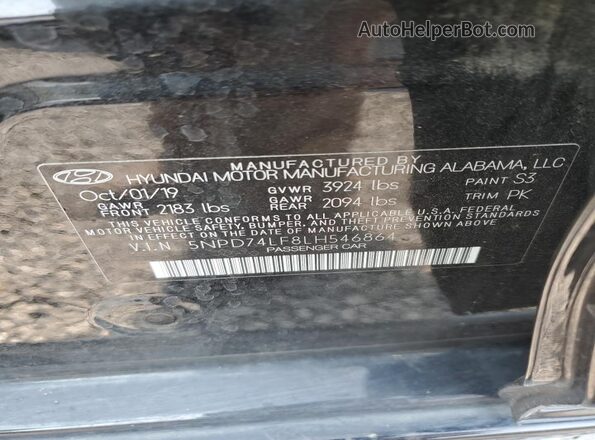5NPD74LF8LH546864 2020 HYUNDAI ELANTRA Black ძრავის განყოფილების ხედი