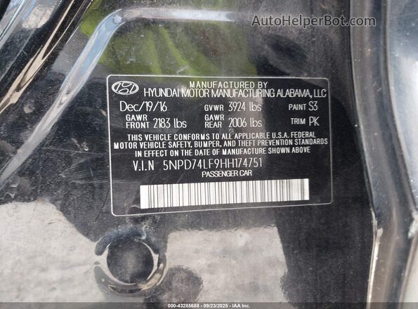 5NPD74LF9HH174751 2017 HYUNDAI ELANTRA Black ძრავის განყოფილების ხედი