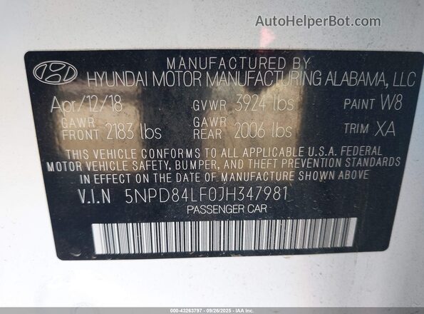 5NPD84LF0JH347981 2018 HYUNDAI ELANTRA White 