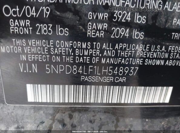 5NPD84LF1LH548937 2020 HYUNDAI ELANTRA Black Vista del compartimento del motor