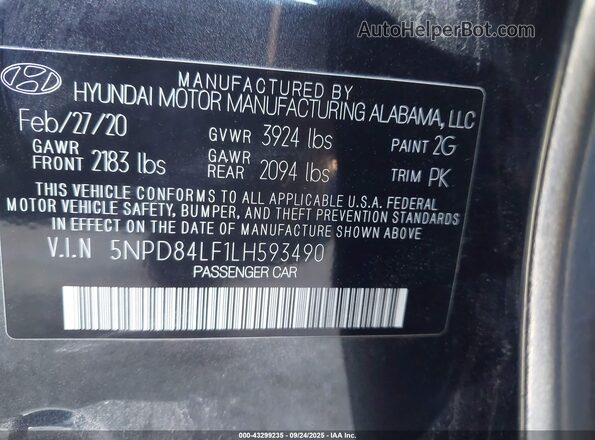 5NPD84LF1LH593490 2020 HYUNDAI ELANTRA Gray Շարժիչի բաժամունքի տեսք
