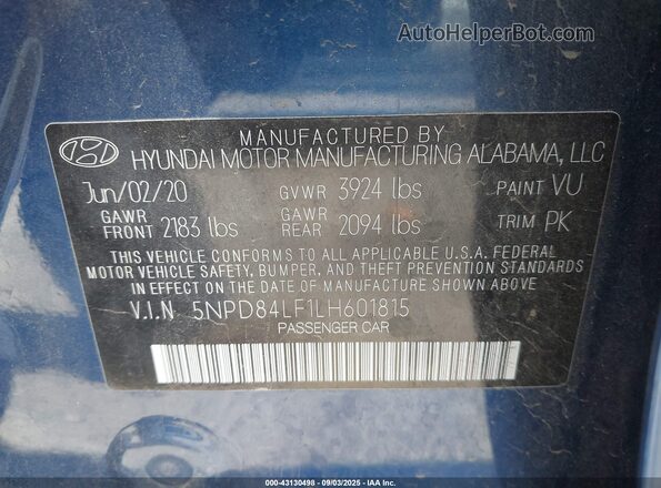 5NPD84LF1LH601815 2020 HYUNDAI ELANTRA Blue Շարժիչի բաժամունքի տեսք