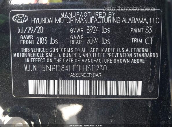 5NPD84LF1LH611230 2020 HYUNDAI ELANTRA Black ძრავის განყოფილების ხედი