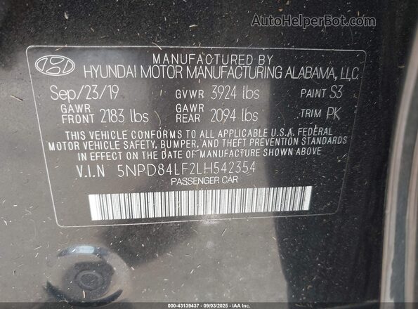 5NPD84LF2LH542354 2020 HYUNDAI ELANTRA Black Vista del compartimento del motor