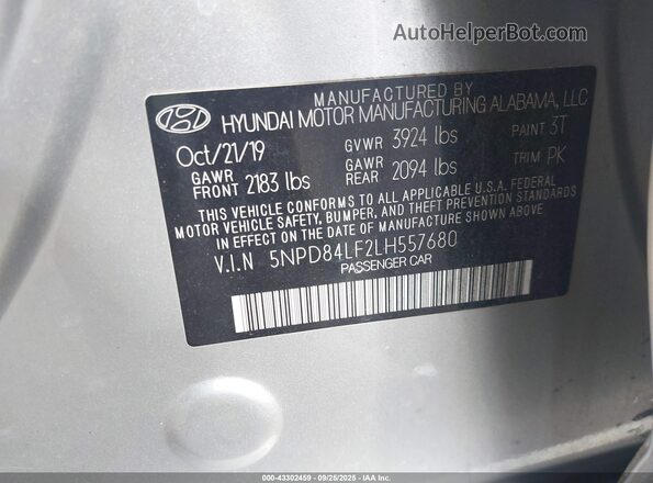 5NPD84LF2LH557680 2020 HYUNDAI ELANTRA Silver Vista del compartimento del motor