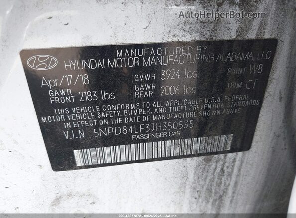 5NPD84LF3JH350535 2018 HYUNDAI ELANTRA Белый 