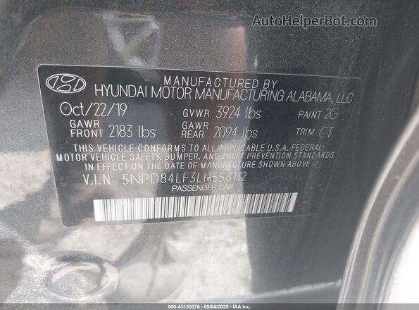 5NPD84LF3LH558112 2020 HYUNDAI ELANTRA Серый 