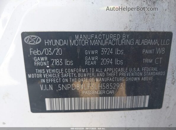 5NPD84LF3LH585293 2020 HYUNDAI ELANTRA White ძრავის განყოფილების ხედი