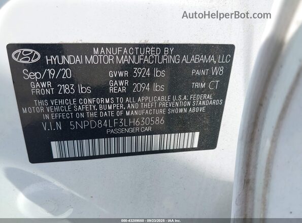 5NPD84LF3LH630586 2020 HYUNDAI ELANTRA White ძრავის განყოფილების ხედი