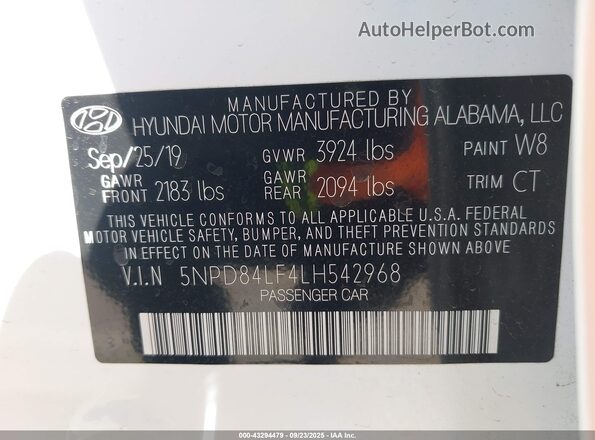 5NPD84LF4LH542968 2020 HYUNDAI ELANTRA White Vista del compartimento del motor