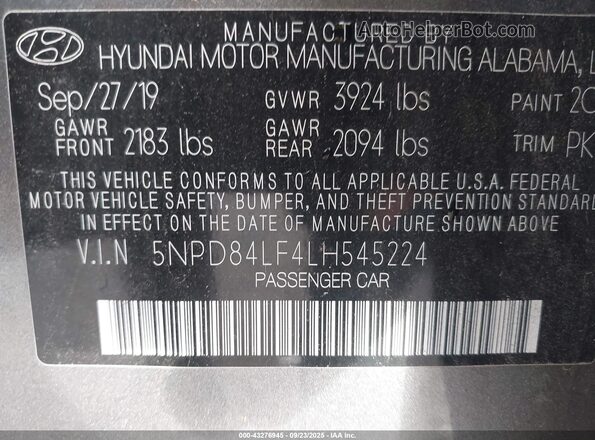 5NPD84LF4LH545224 2020 HYUNDAI ELANTRA Gray Շարժիչի բաժամունքի տեսք