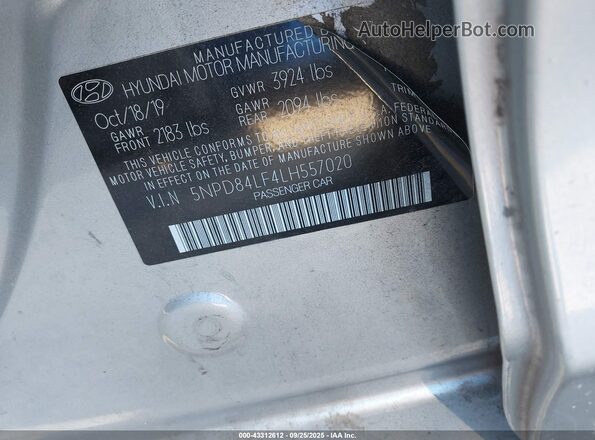 5NPD84LF4LH557020 2020 HYUNDAI ELANTRA Серебряный Вид подкапотного пространства
