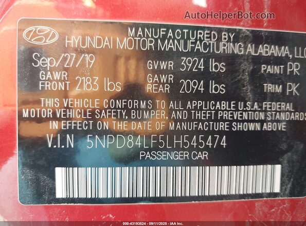 5NPD84LF5LH545474 2020 HYUNDAI ELANTRA Red Engine compartment view
