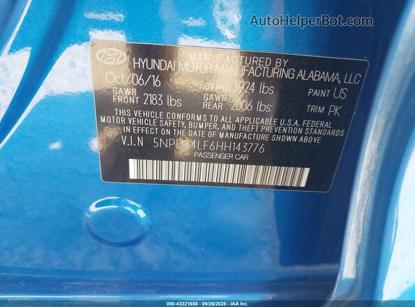 5NPD84LF6HH143776 2017 HYUNDAI ELANTRA Синий Вид подкапотного пространства