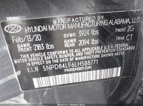 5NPD84LF6LH588771 2020 HYUNDAI ELANTRA Gray Engine compartment view